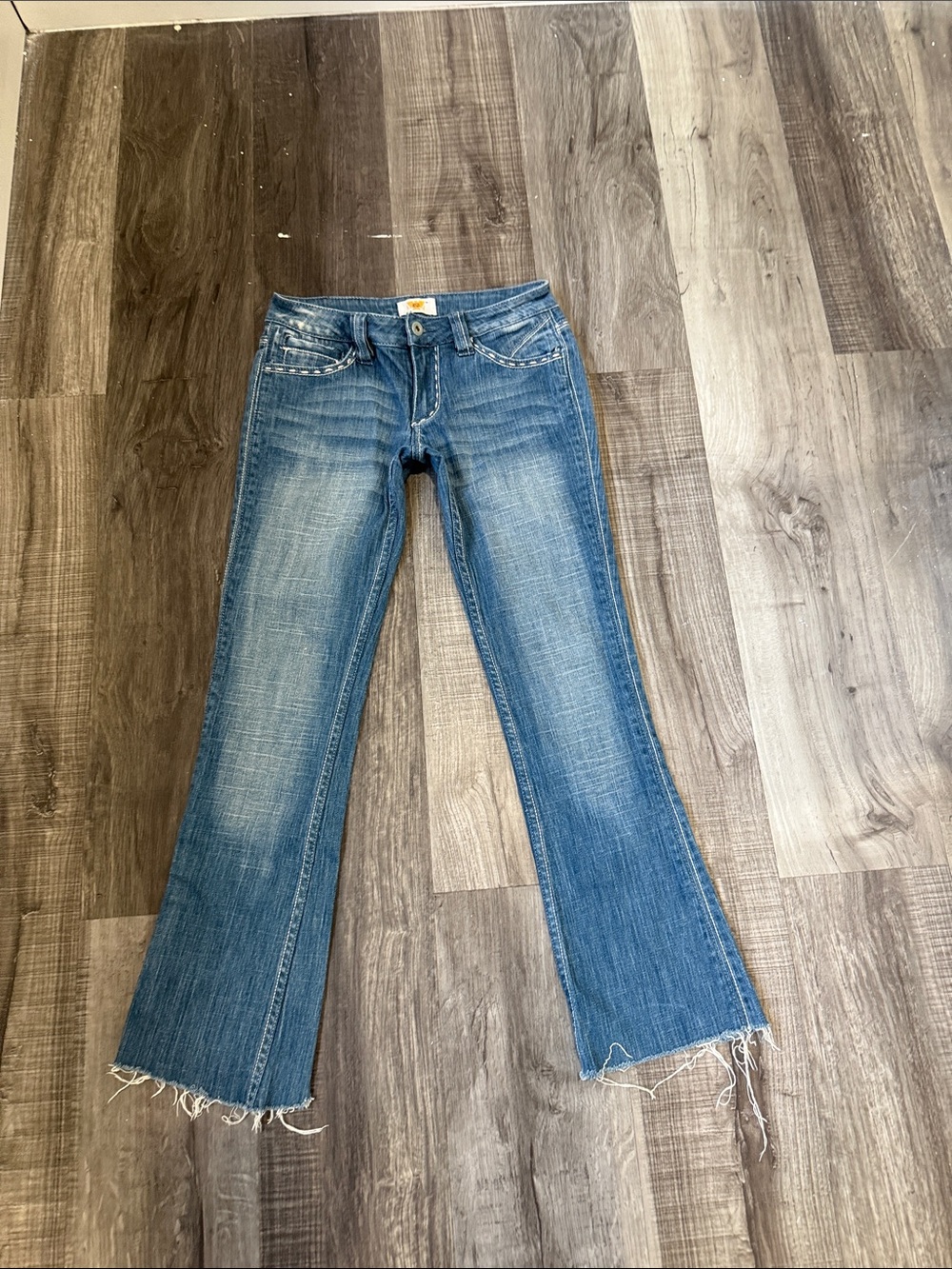 Antik Denim Medium Blue Boot Cut Jeans with Frayed Hem